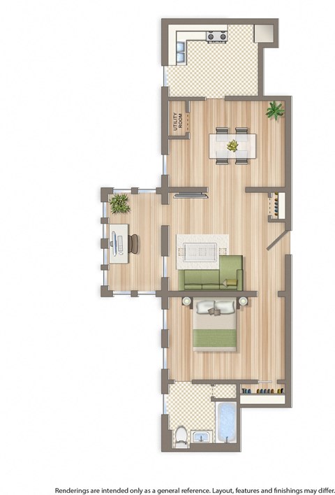 Floor plan for 1 bed, 1 bath, 864 sqft